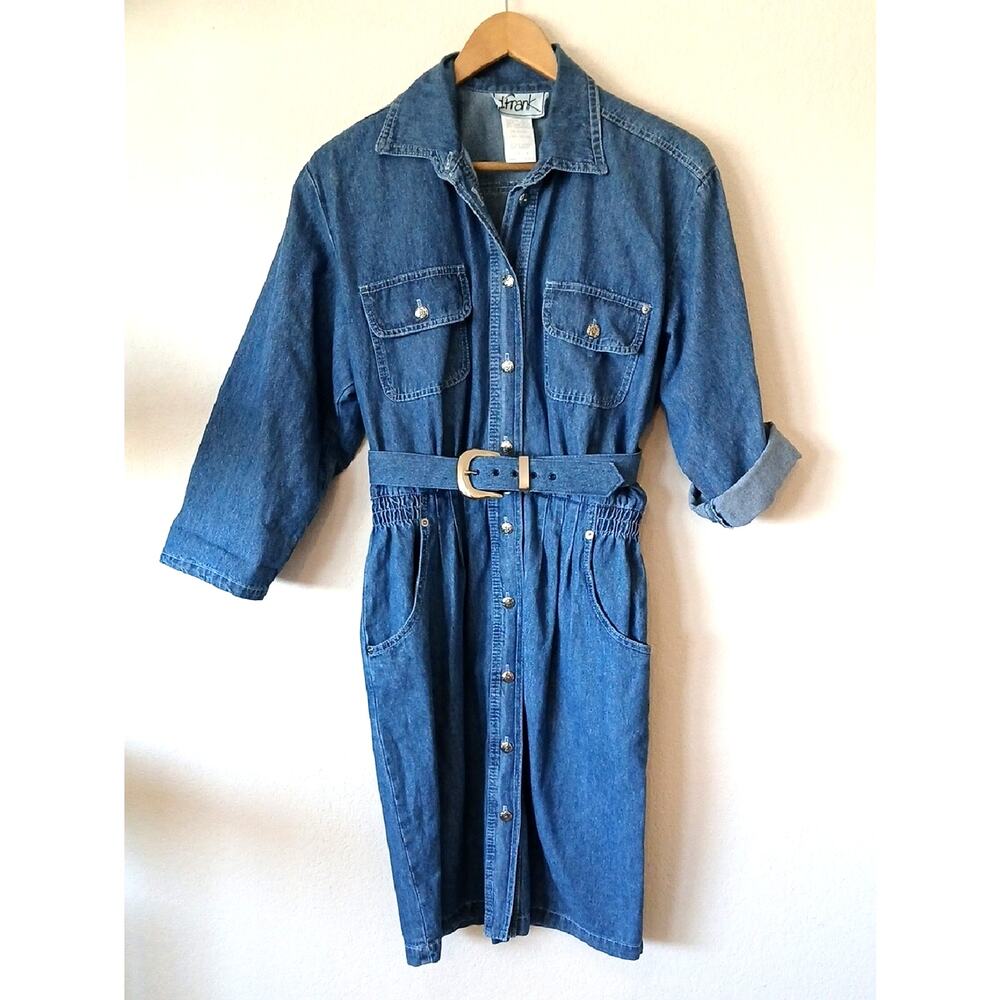 Vintage d. Frank Denim Dress With Pockets And Belt Full Button Up